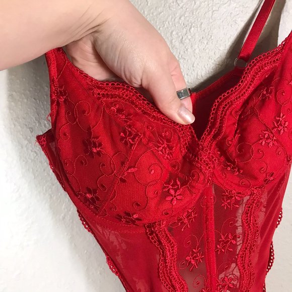 Shirley of Hollywood Red Mesh and Lace Underwire Corset Size 36 - Picture 3 of 6